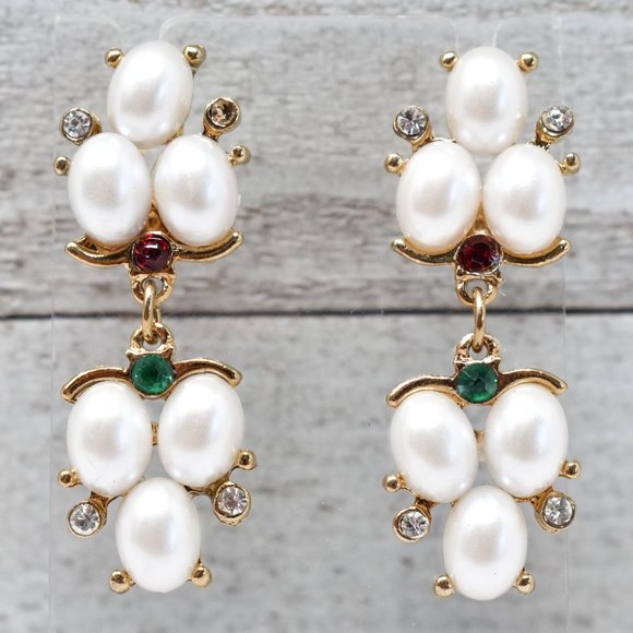 1.75" Drop Dangle Pearl Red/Green Earrings - Picture 11 of 12